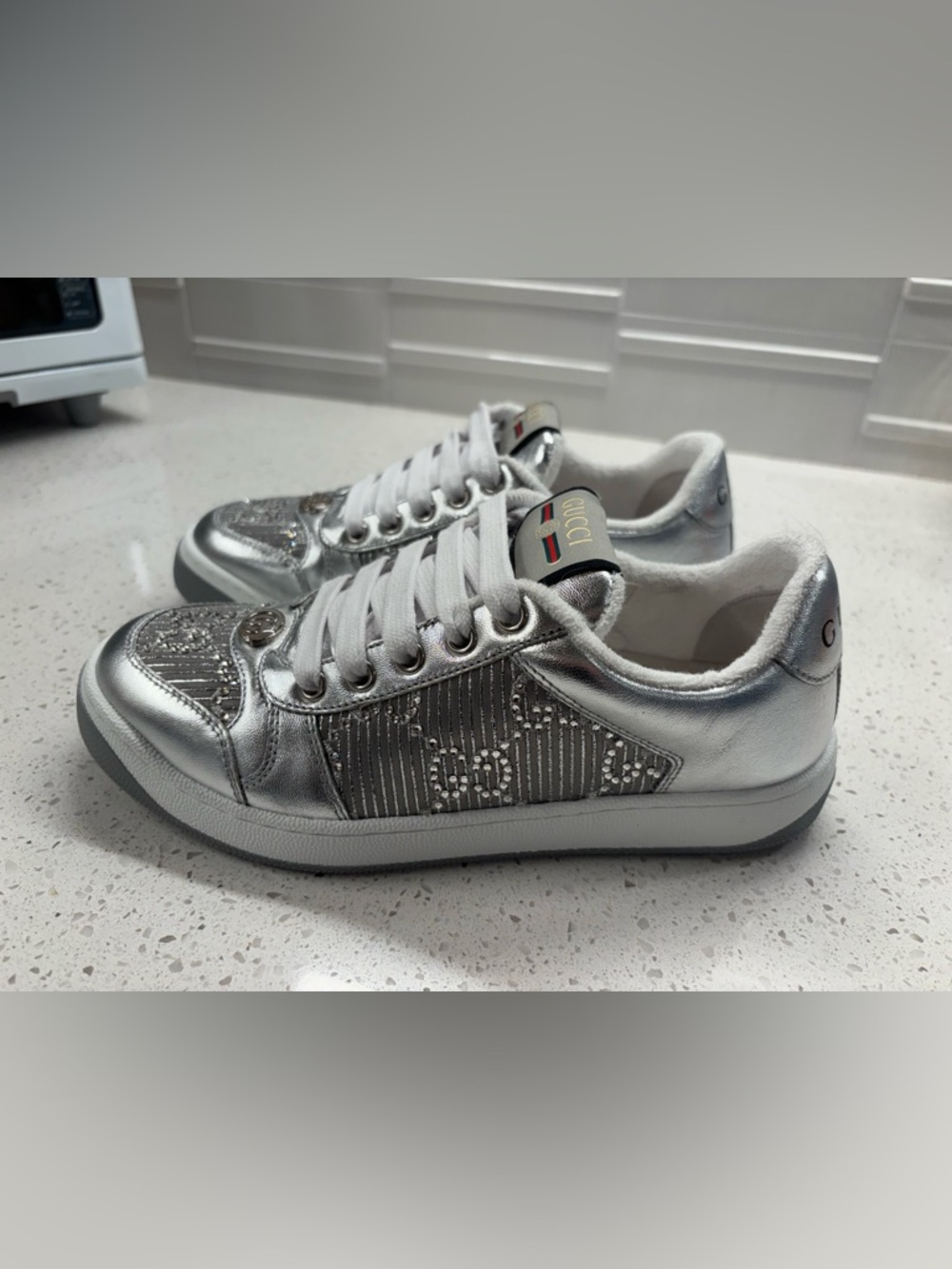 Gucci Silver Metallic Crystal-Embellished Screener Sneakers